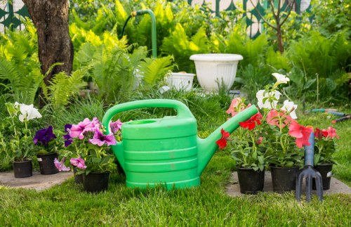 Landscapers beginning safe garden work with protective equipment